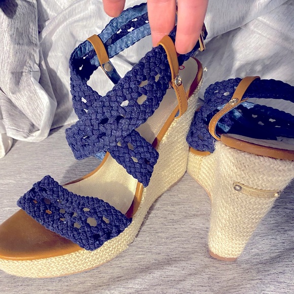 Lilly Pulitzer crocheted wrap heels wedges sandals navy 8.5 - Picture 1 of 6